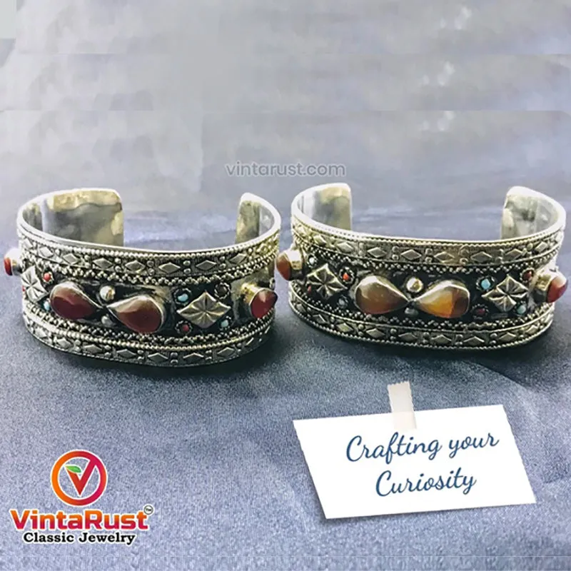Vintage Tribal Boho Cuff inlaid With Brown Stones