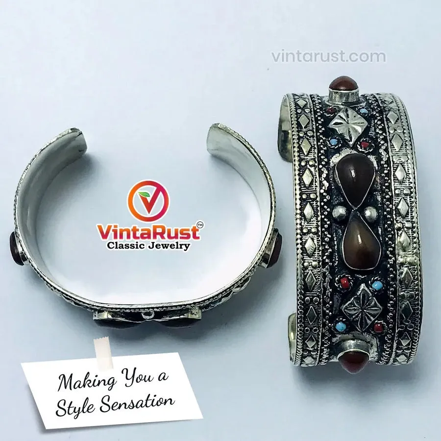 Vintage Tribal Boho Cuff inlaid With Brown Stones