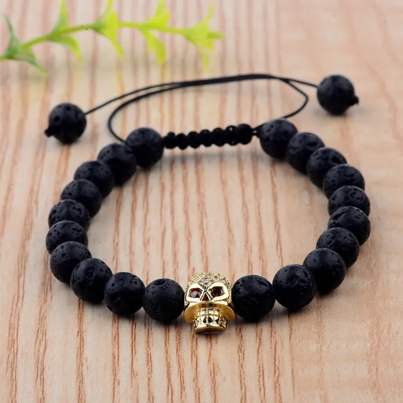 Volcanic Stone Micro Inlaid Diamond Skull Woven Bracelet