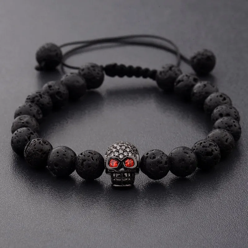Volcanic Stone Micro Inlaid Diamond Skull Woven Bracelet