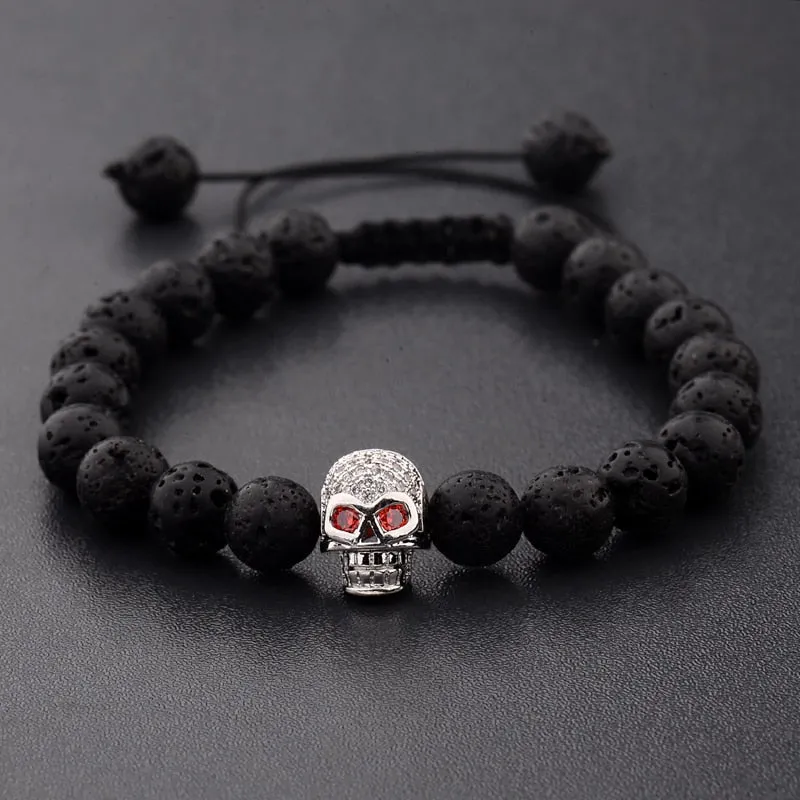 Volcanic Stone Micro Inlaid Diamond Skull Woven Bracelet