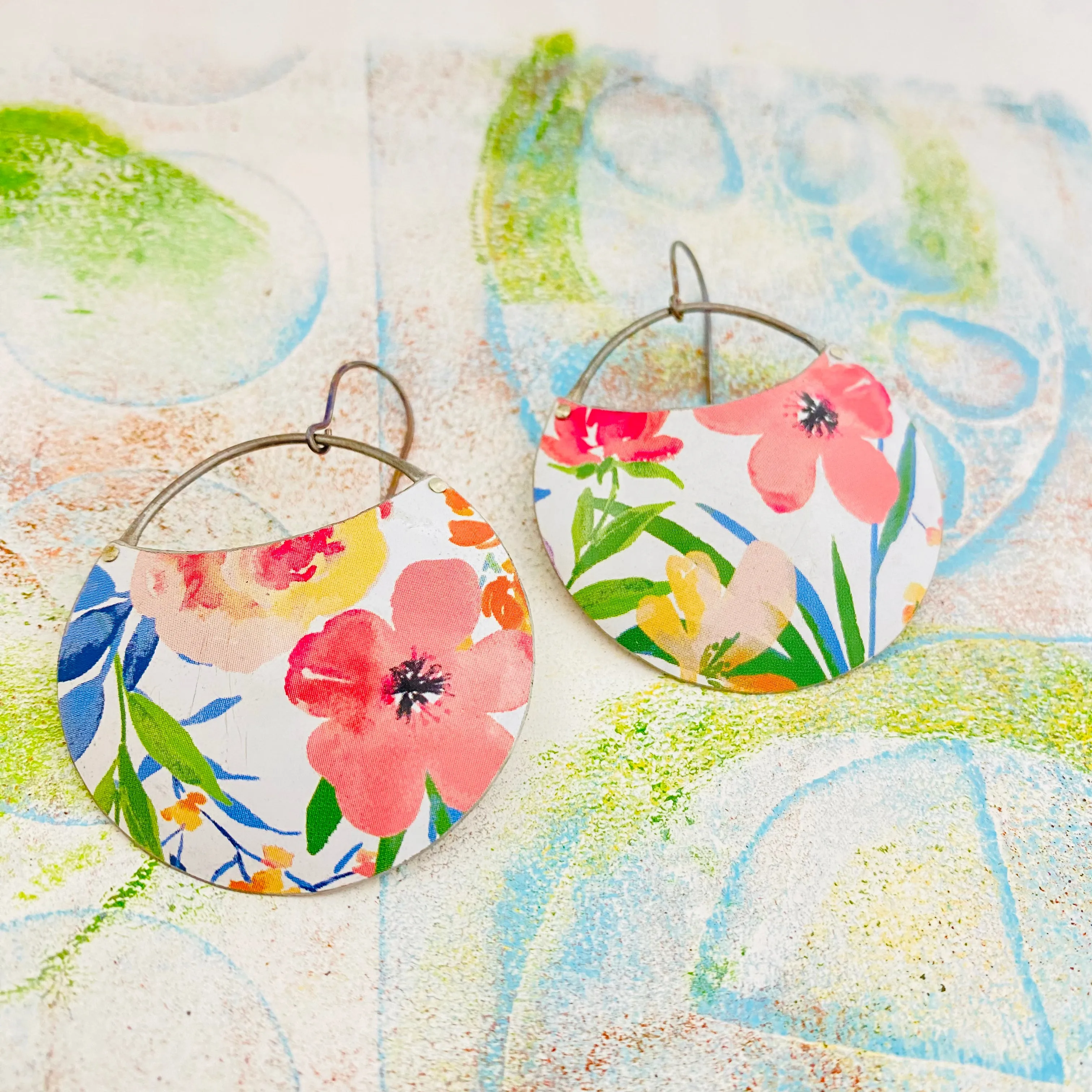 Watercolor Coral Flowers Upcycled Tin Earrings