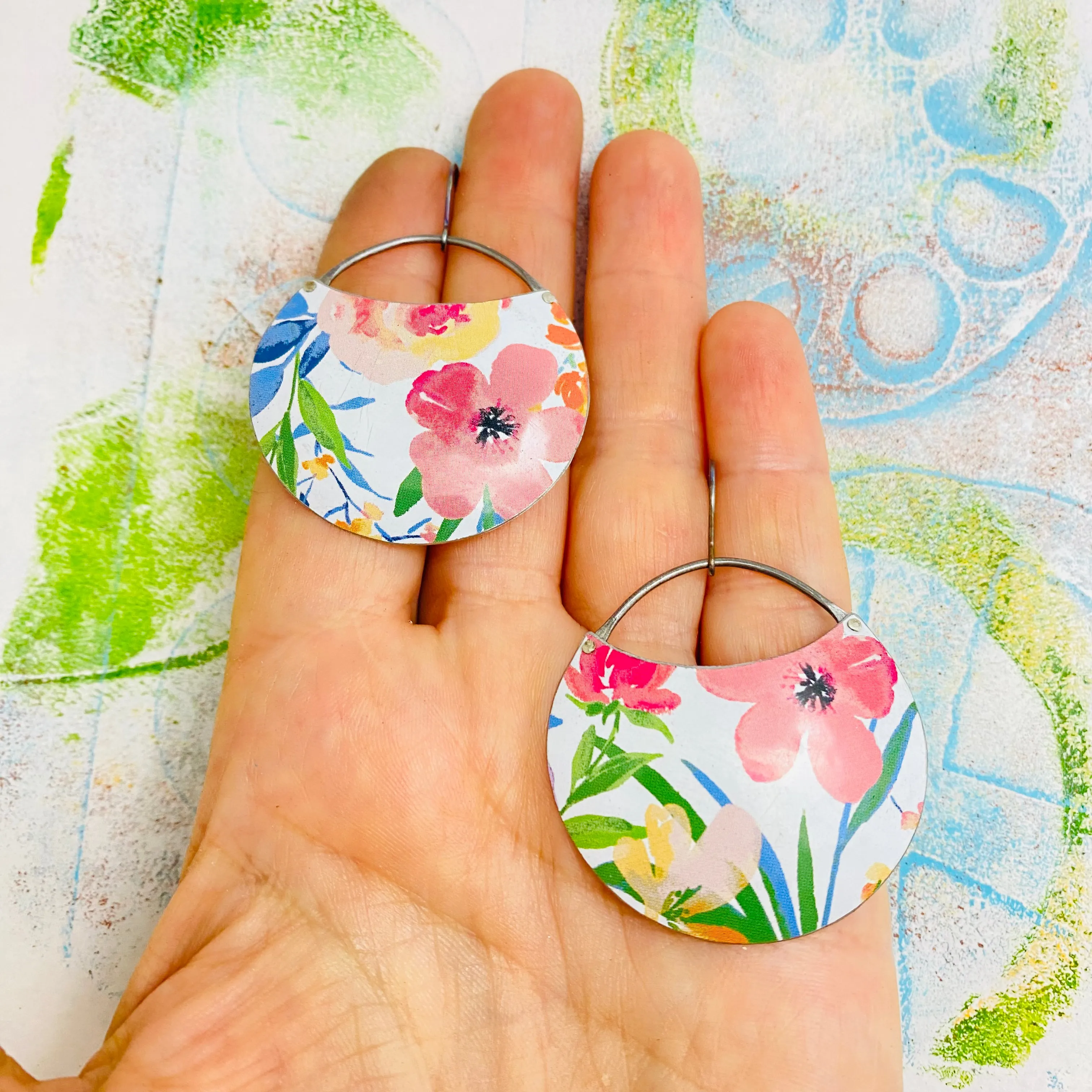 Watercolor Coral Flowers Upcycled Tin Earrings