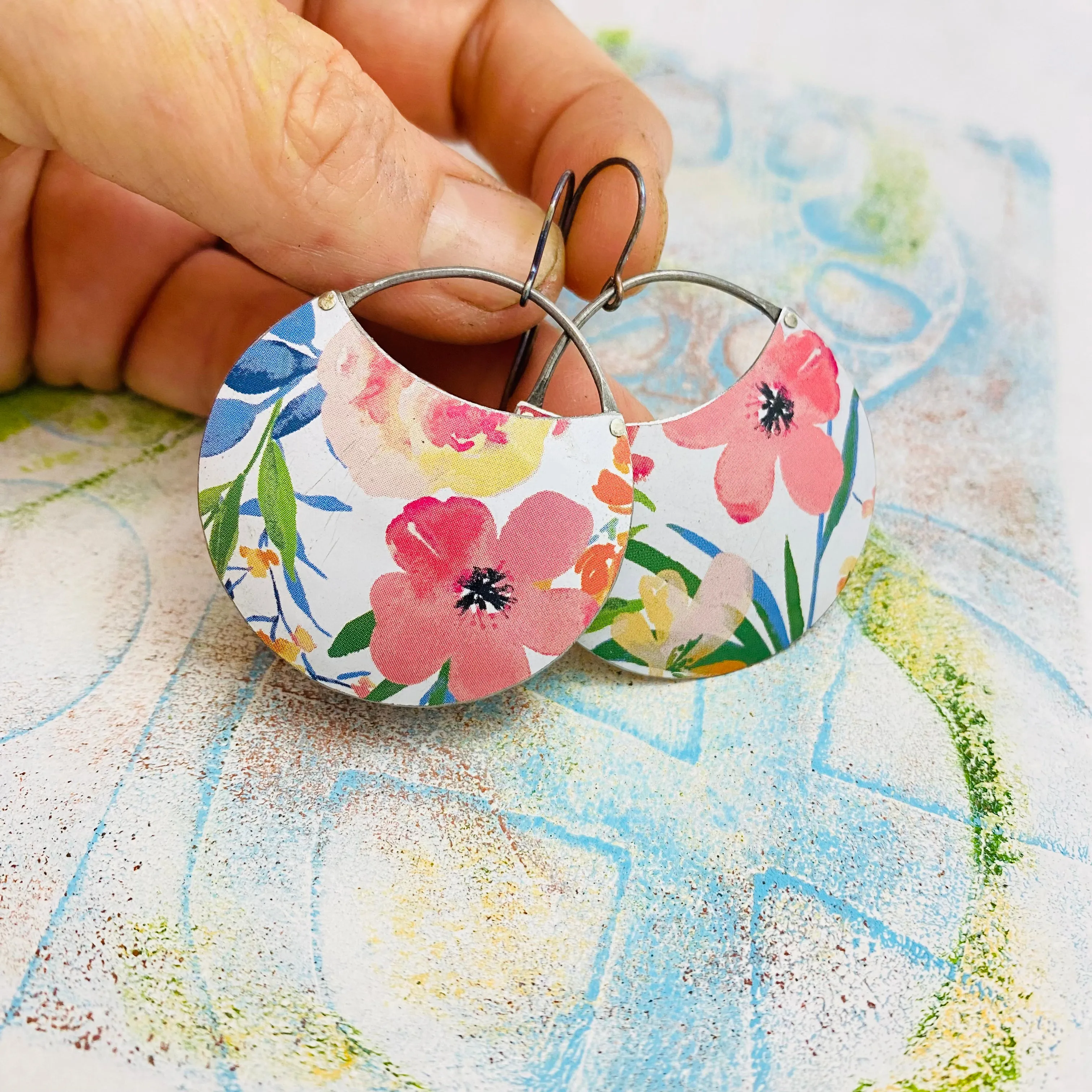Watercolor Coral Flowers Upcycled Tin Earrings