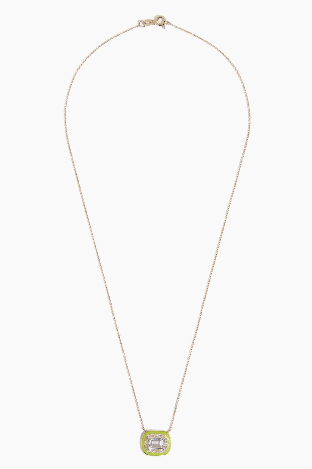 White Topaz Diamond Halo Neon Yellow Enamel Pendant Necklace in 14k Yellow Gold