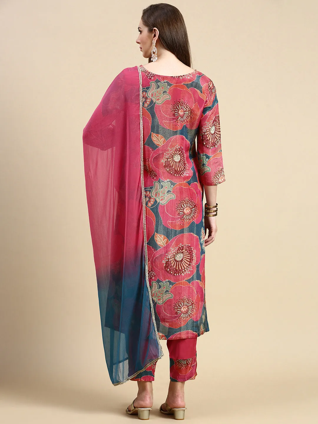 Women Floral Coral Straight Kurta Set with Dupatta
